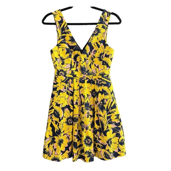 J CREW Women Fit Flare V Neck Pique Dress Sz 00 Yellow Floral Sleeveless 51-8 - Picture 1 of 11